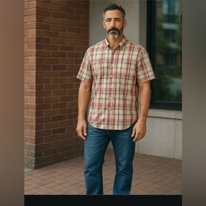 Loft and Brown Stone Casual Red and Cream Button Down Shirt